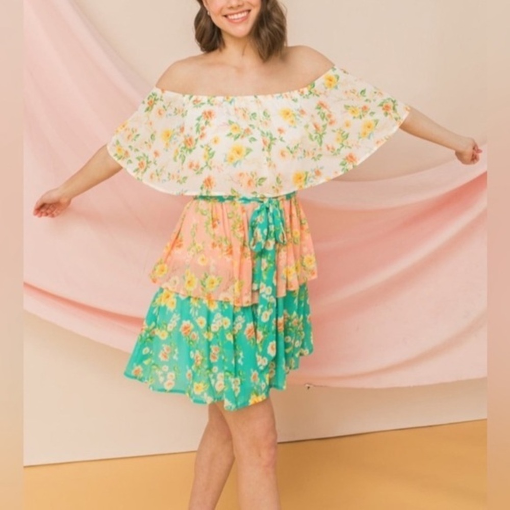 FLYING TOMATO TIERED OFF SHOULDER FLORAL DRESS SZ S